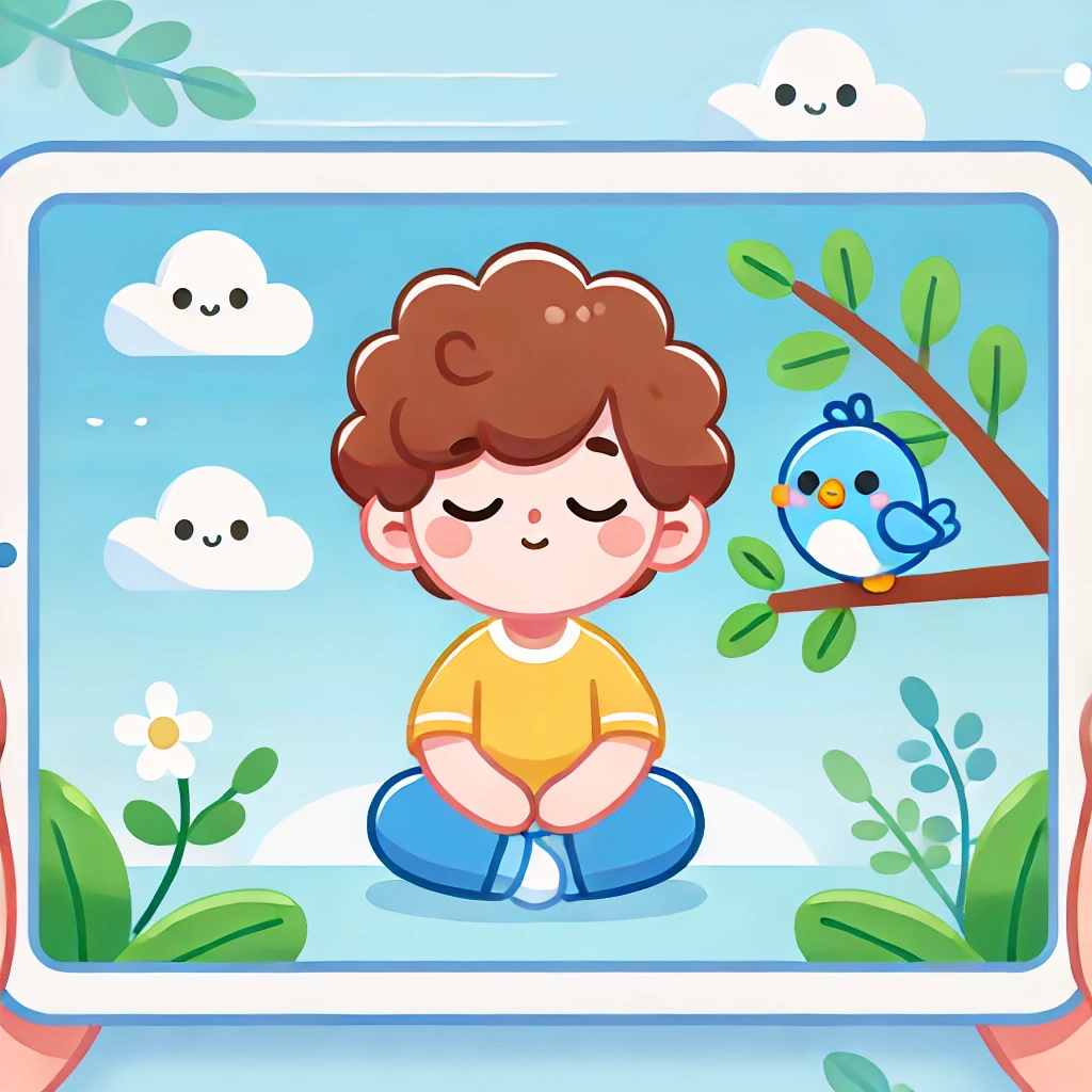 Child doing breathing exercise with a blue bird