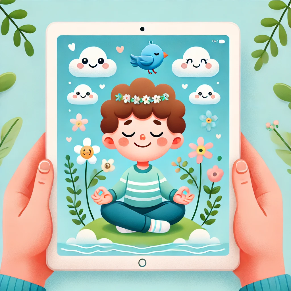 Child doing breathing exercise with a blue bird